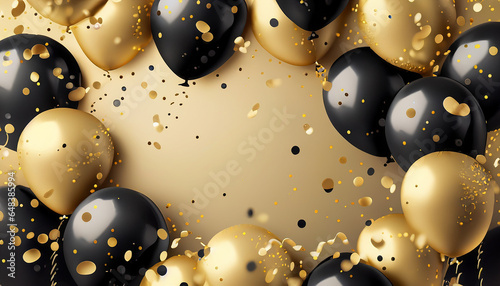 Celebration background with confetti and gold black balloons. Generative Ai