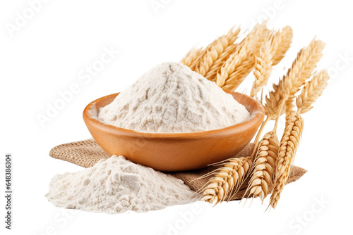Whole grain wheat flour and ears isolated on white PNG