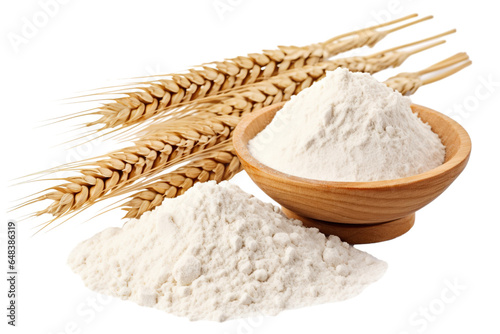 Whole grain wheat flour and ears isolated on white PNG photo