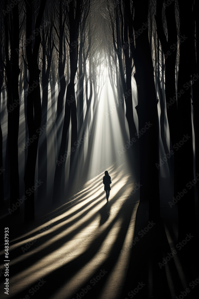 Obraz premium Walking in Forest Person Silhouette, Beautiful Shadows and Light