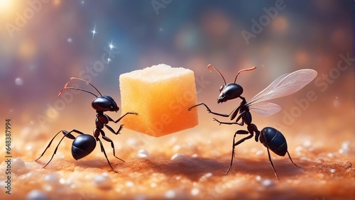 Two ants fighting for a cube of sugar on the ground.