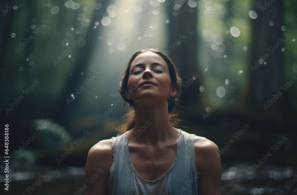 Young woman meditating and relaxing in a forest Young woman meditating and relaxing in a forest