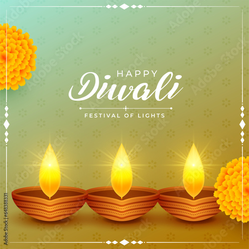 nice happy diwali celebration background with burning diya and floral