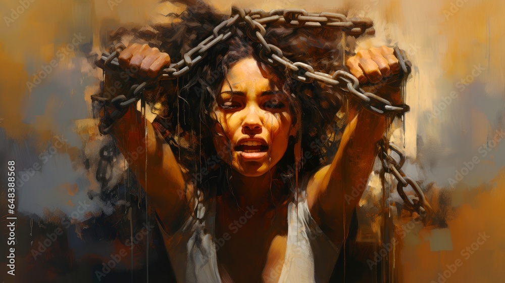 Chained woman. Women violence and abuse concept, human trafficking Concept, Day for the Elimination of Violence Against Women concept