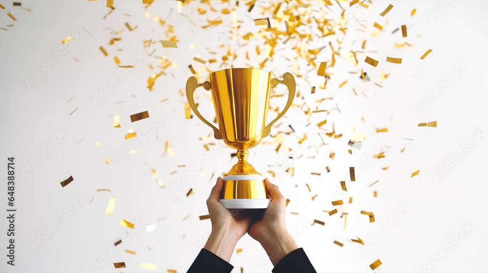 Hand of businesswoman rise and holding a golden trophy. Hand of businesswoman rise and holding a golden trophy.
