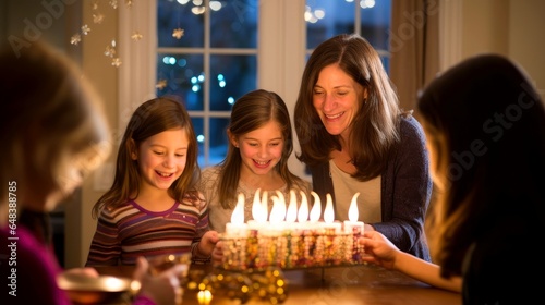 Happy extended Jewish family celebrating Hanukkah while gathering at dining table, candlelight that shines brightly