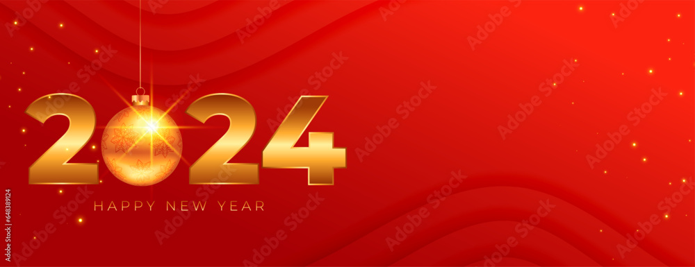 happy new year 2024 celebration banner with hanging xmas ball