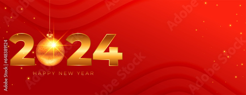 happy new year 2024 celebration banner with hanging xmas ball