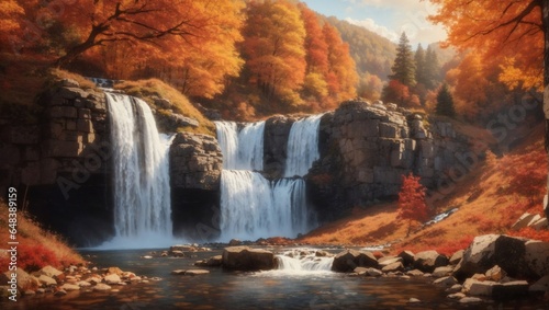  Waterfall in the autumn  Landscape