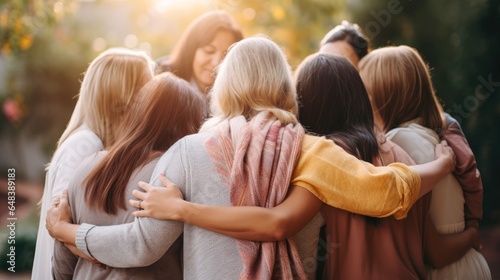 Group of women hugging themselves with love and care as a family, Day for the Elimination of Violence Against Women concept photo