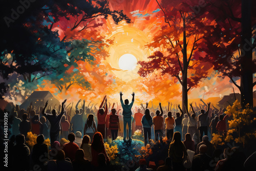 Community, we are culture, faith, sect support illustration concept. A crowd of different people raising their hands in the sun photo