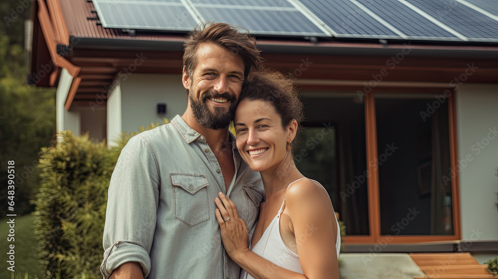 A happy couple stands smiling in front of a large house with solar panels installed. Generetive Ai A happy couple stands smiling in front of a large house with solar panels installed. Generetive Ai