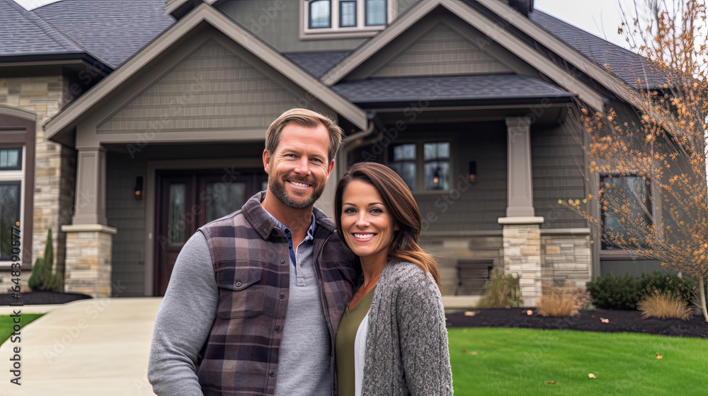 A happy Husband and wife stands smiling in front of a large house. new house concept creating a family. Generetive Ai A happy Husband and wife stands smiling in front of a large house. new house concept creating a family. Generetive Ai