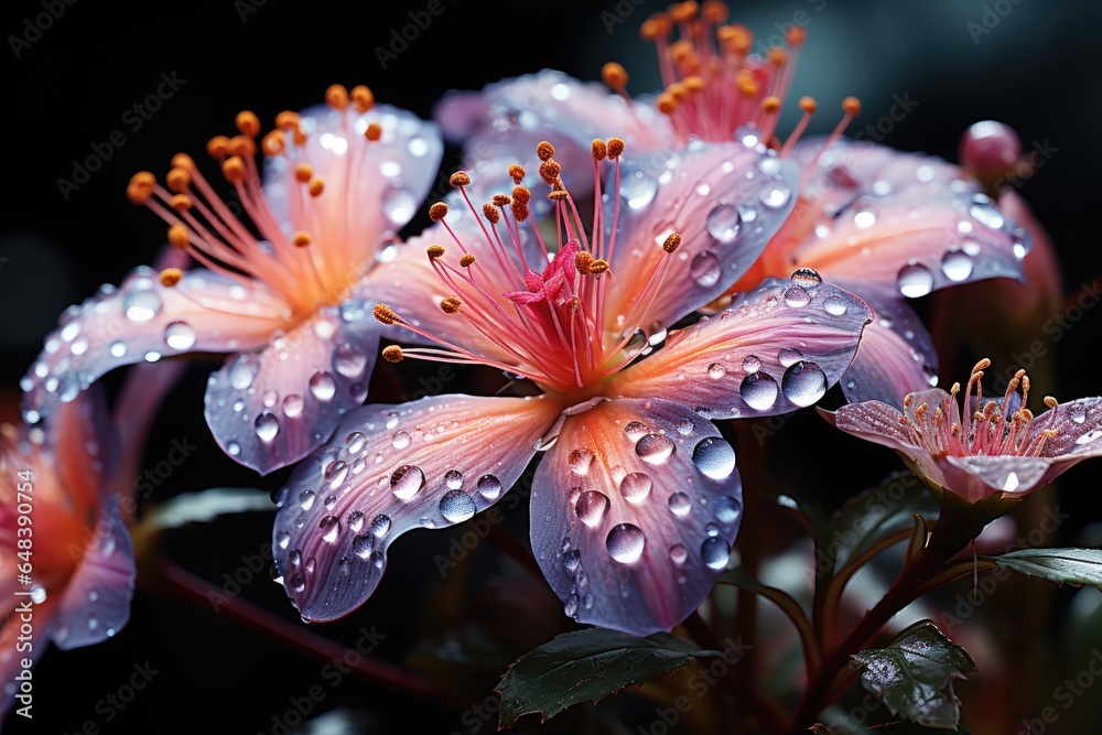 Stunning macro shot of a blooming flower with dew drops Stunning macro shot of a blooming flower with dew drops