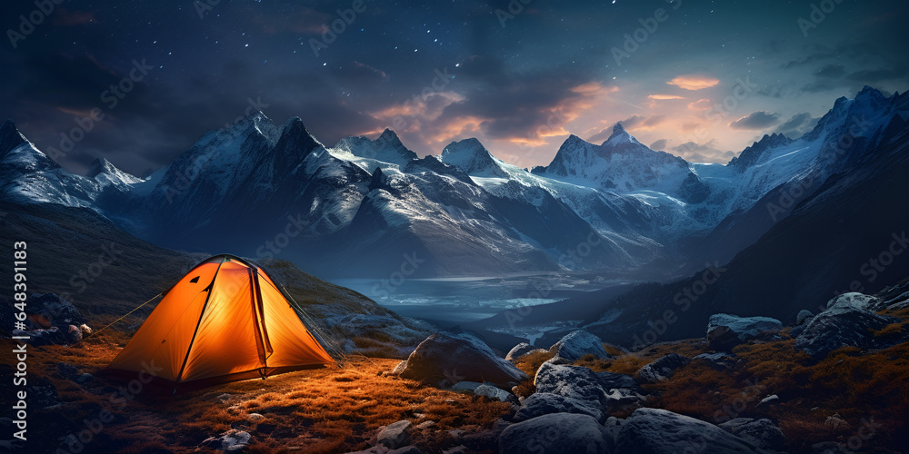Night camping with bonfire and tent under clear starry sky and milky way.
