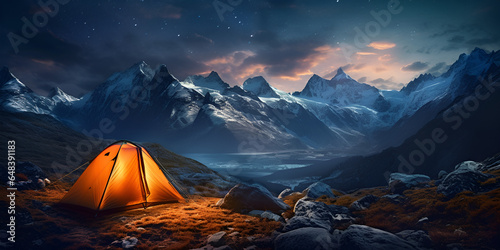 Night camping with bonfire and tent under clear starry sky and milky way."Starry Night Camping Adventure
