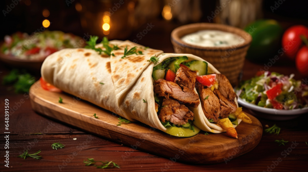 custom made wallpaper toronto digitalDelicious shawarma served on wooden board on table in cafe. Grilled pita wrapping chicken meat and fresh vegetables with sauce. healthy food. Generetive Ai