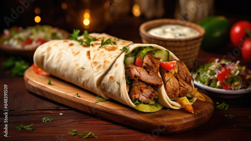 Delicious shawarma served on wooden board on table in cafe. Grilled pita wrapping chicken meat and fresh vegetables with sauce. healthy food. Generetive Ai photo