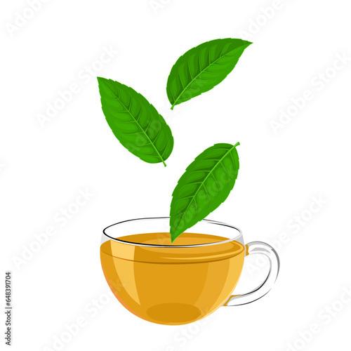 Vector illustration, cup of tea with leaves of Ilex guayusa, known as
guayusa, isolated on white background.
