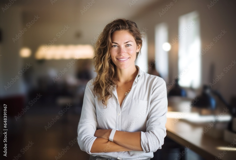 smiling confident professional middle aged happy woman standing in school class