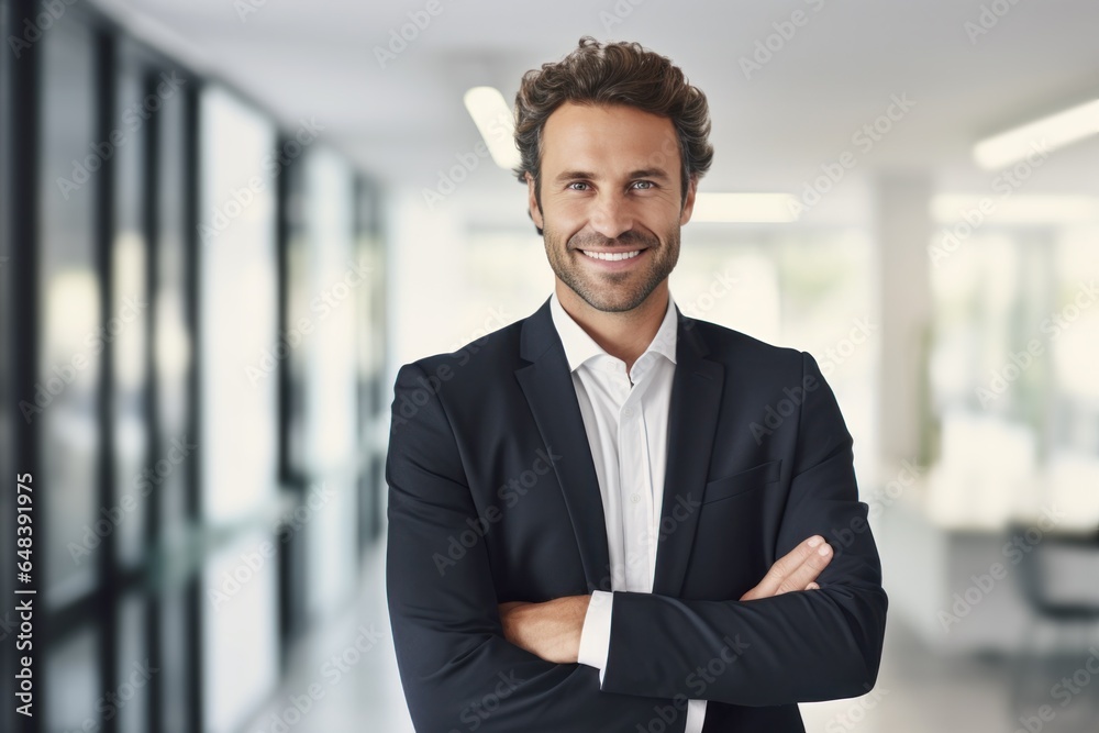 portrait of successful senior businessman consultant looking at camera and smiling inside modern office building - obrazy, fototapety, plakaty 
