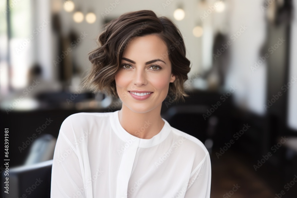 happy woman with short hair sitting in salon in beauty salon happy woman with short hair sitting in salon in beauty salon