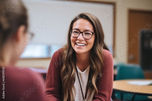 young woman high school counselor talking to student  