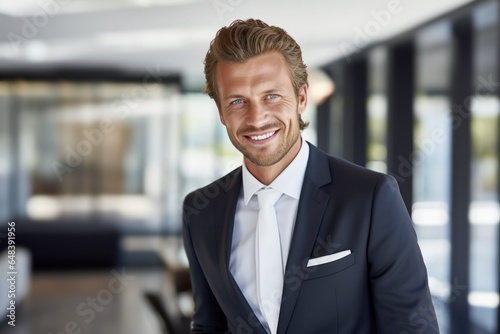 portrait of successful senior businessman looking at camera and smiling inside modern office building
