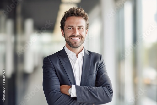portrait of successful senior businessman consultant looking at camera and smiling inside modern office building photo