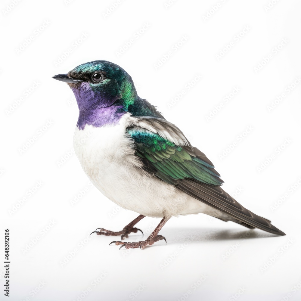 Violet-green swallow bird isolated on white background.