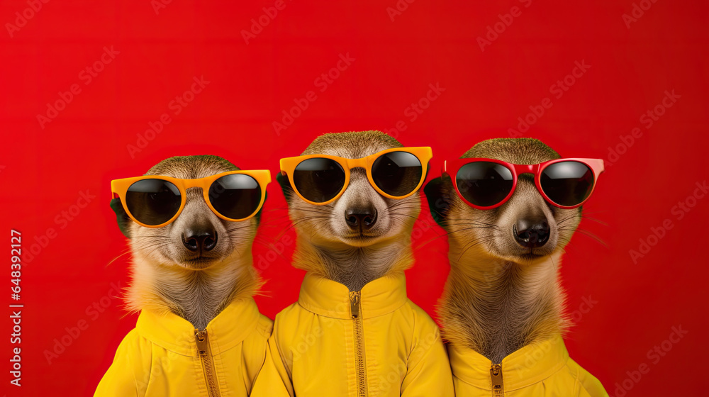 Group of Meerkat wear sunglasses, vibrant bright fashionable outfits isolated on red background. Creative animal concept. Generetive Ai