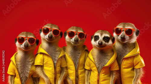 Group of Meerkat wear sunglasses, vibrant bright fashionable outfits isolated on red background. Creative animal concept. Generetive Ai