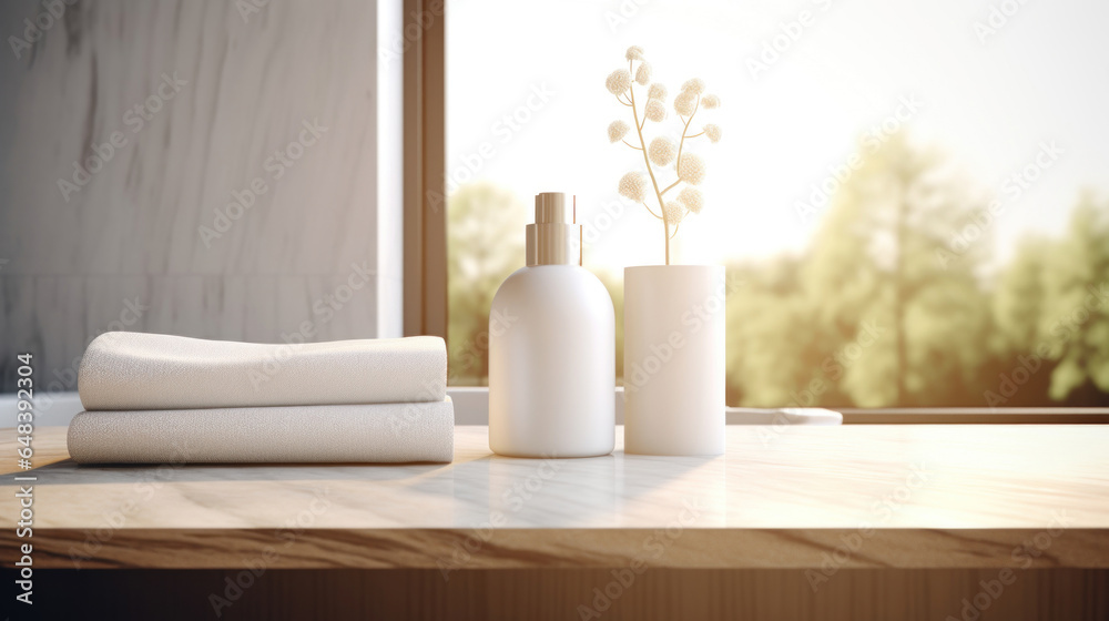Hygiene products and towels on the table with the window in the background. Bathroom interior with minimalist design.