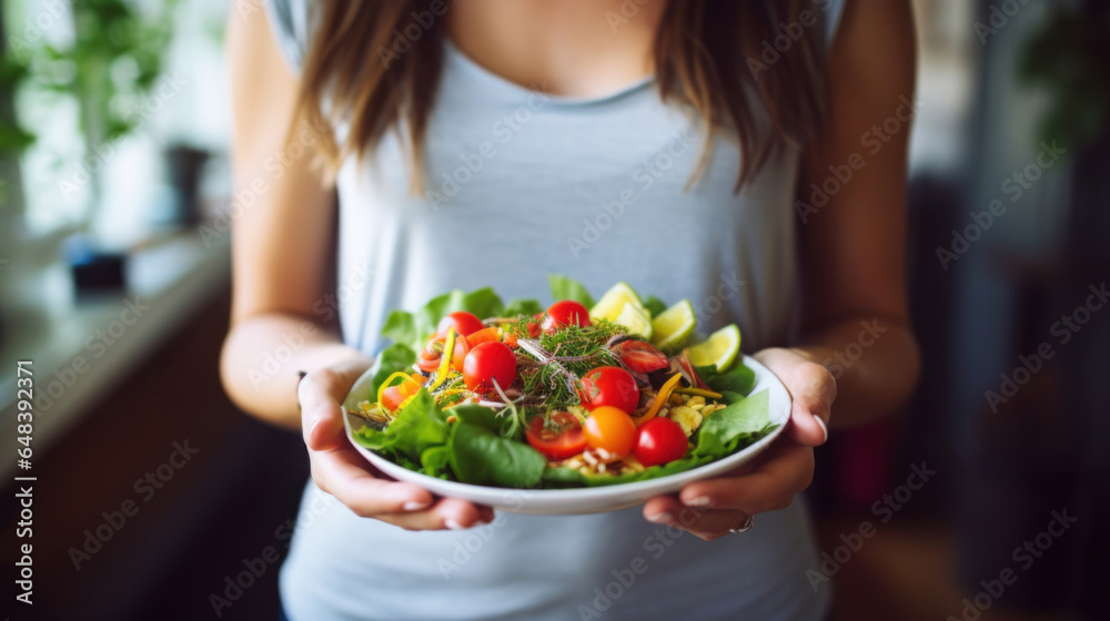 The girl is holding a plate of salad.