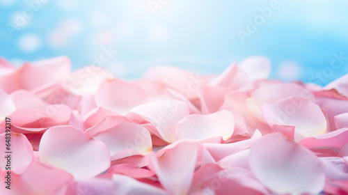 ?lose up photo, pink rose petals isolated on soft blue background