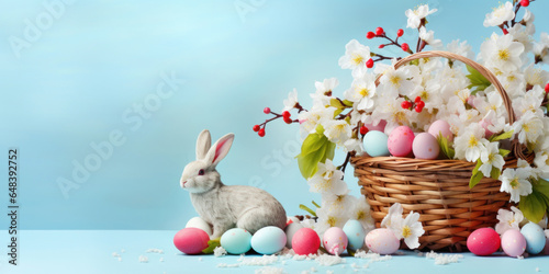 Easter composition with rabbit, colorful eggs, wicker basket and retro festive decoration on blue background