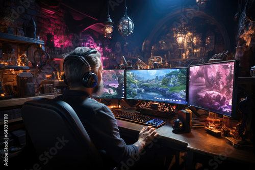 A gamer's paradise with RGB lights, multi-monitors, futuristic setup.
