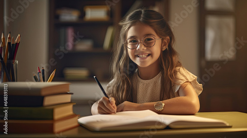 Smiling child school girl doing homework while sitting at desk at home. Generetive Ai