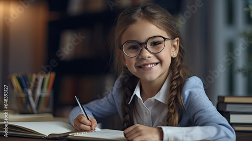 Smiling child school girl doing homework while sitting at desk at home. Generetive Ai