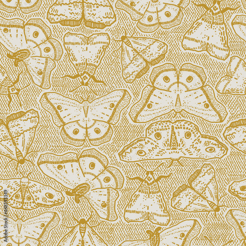 Mustard yellow toile insect repeat pattern. Illustration with hand-drawn stripe texture. Insect design with wiccan alchemy look. Monochrome moth or butterfly drawing. Fall seasonal pattern.