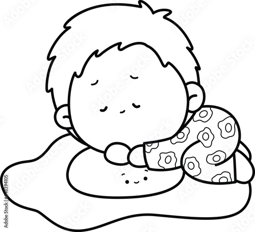 a vector of a kid sleeping on a giant egg in black and white coloring