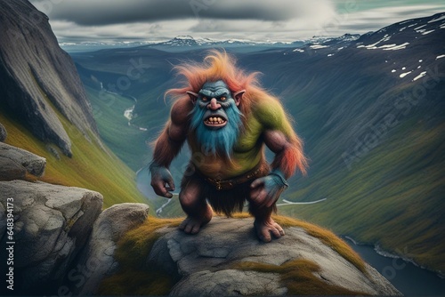A scary troll standing in a mountainous area, Norwegian mythology.