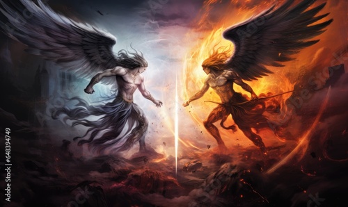Photo of two angels engaged in a fierce battle in a captivating painting