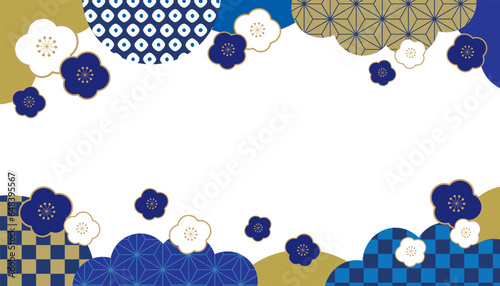 梅と和柄 和風 新春 バナー フレーム 上下柄 背景/藍色・透過	