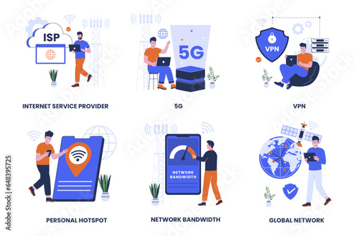 Internet network illustration collection set. Internet service provider, 5g network, virtual private network, network bandwidth, public netwok, personal hotspot. Flat design illustration
