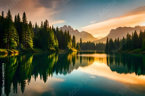 Summer lake on green natur landscape 3d render #648395974