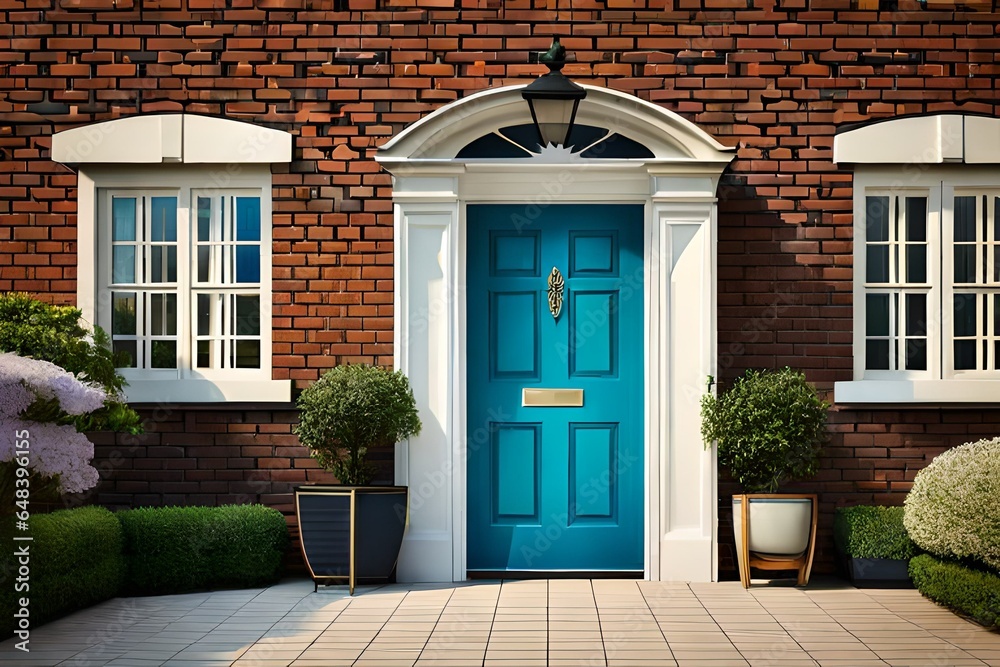 Blue front door of house in large brick house with flowers in pots. - obrazy, fototapety, plakaty 
