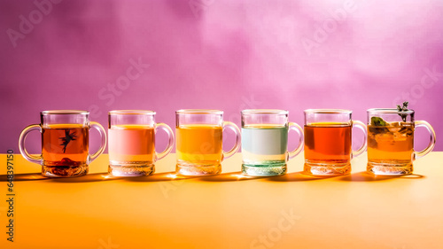 Verres de boisson froides, jus de fruit ou thé glacé, alignés photo