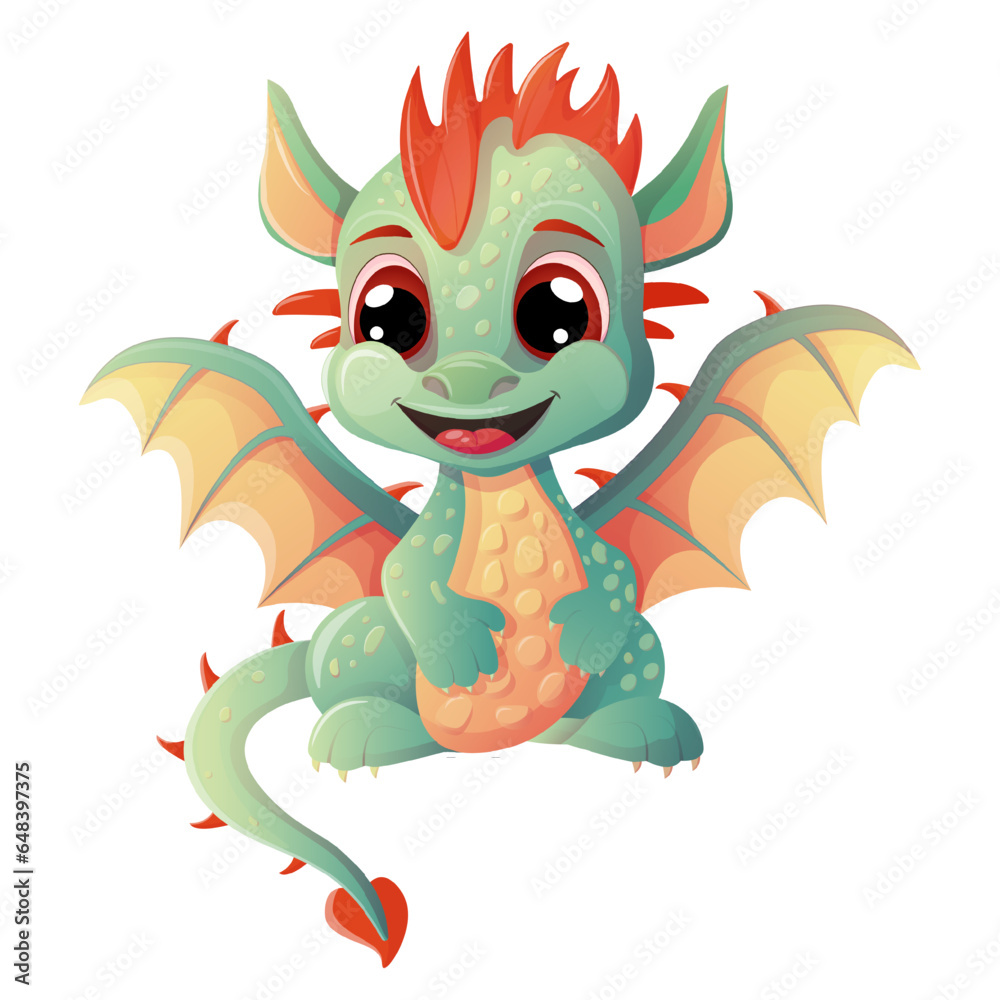 Fototapeta premium Vector illustration of a сute dragon in cartoon style. Chinese 2024 New Year symbol. Joyful design with little dragon character for sticker, stamp or patch.