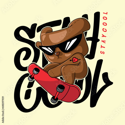 vector image of a little bear playing a skateboard